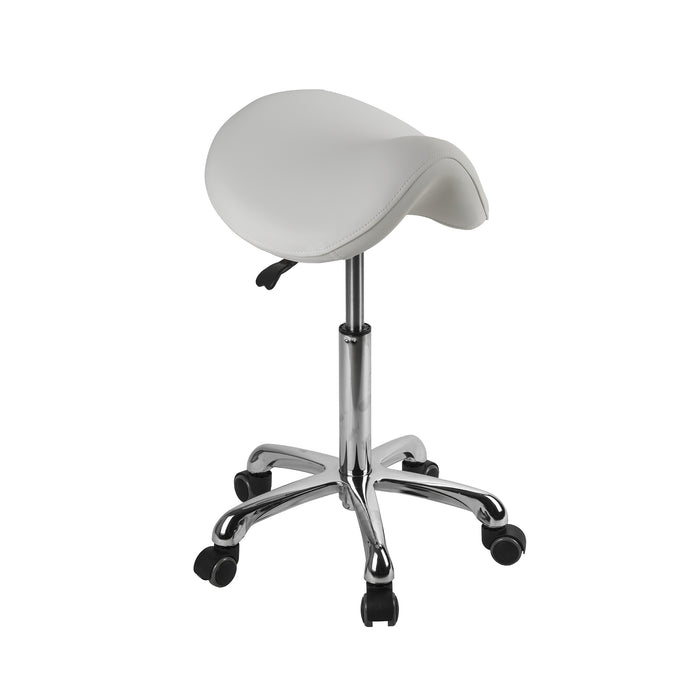 Barneys Saddle Stool White Upholstery Polished Metal Base