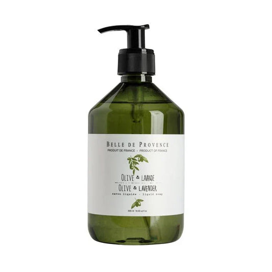 A clear plastic bottle containing liquid soap, labeled 'Belle De Provence Olive & Lavender', with a black cap and a white label.