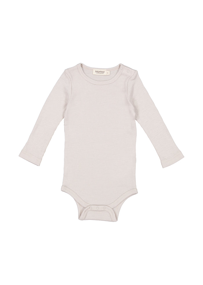 Bense uld rib bodystocking i lys beige, langærmet, heldragt med trykknap i skridt