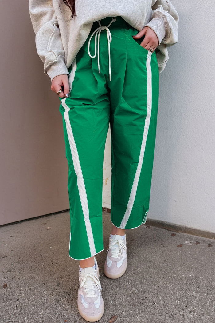 Black Contrast Striped Smocked Waist Drawstring Cropped Casual Pants