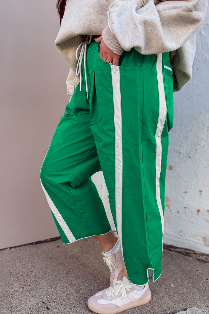 Black Contrast Striped Smocked Waist Drawstring Cropped Casual Pants