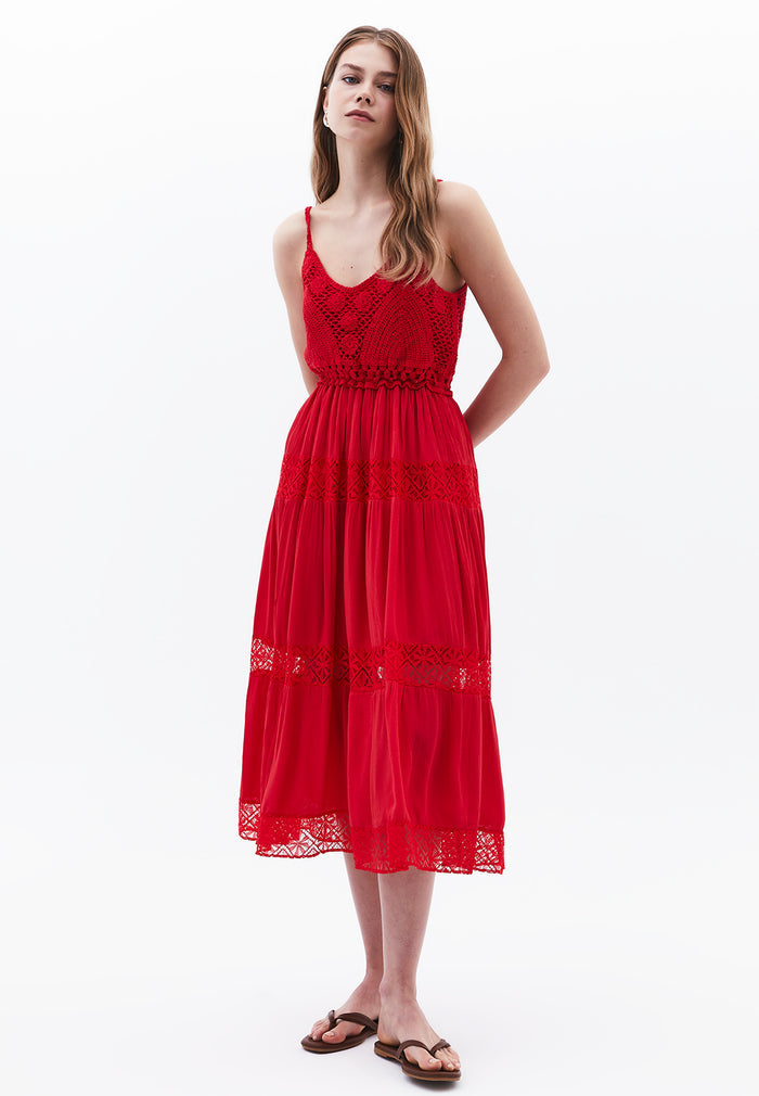 Bohemian Style Deep Neck Dress - RACING RED
