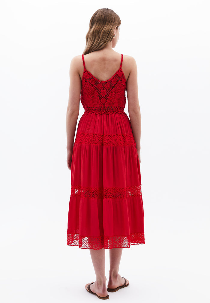 Bohemian Style Deep Neck Dress - RACING RED