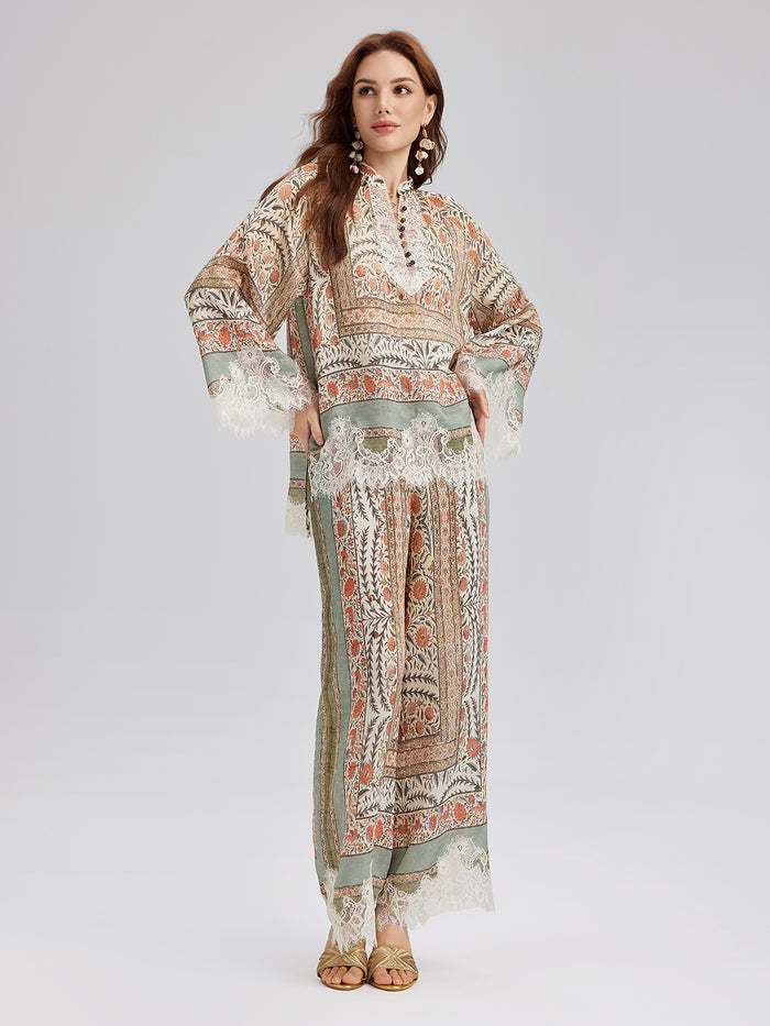 Botanical Lace Trim Resort Pants