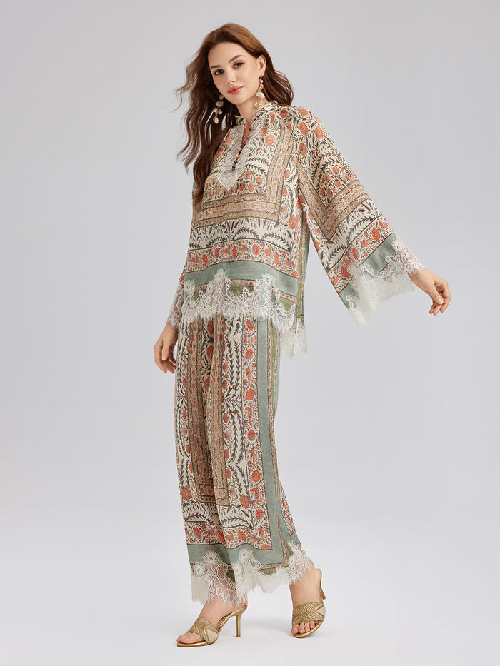 Botanical Lace Trim Resort Pants