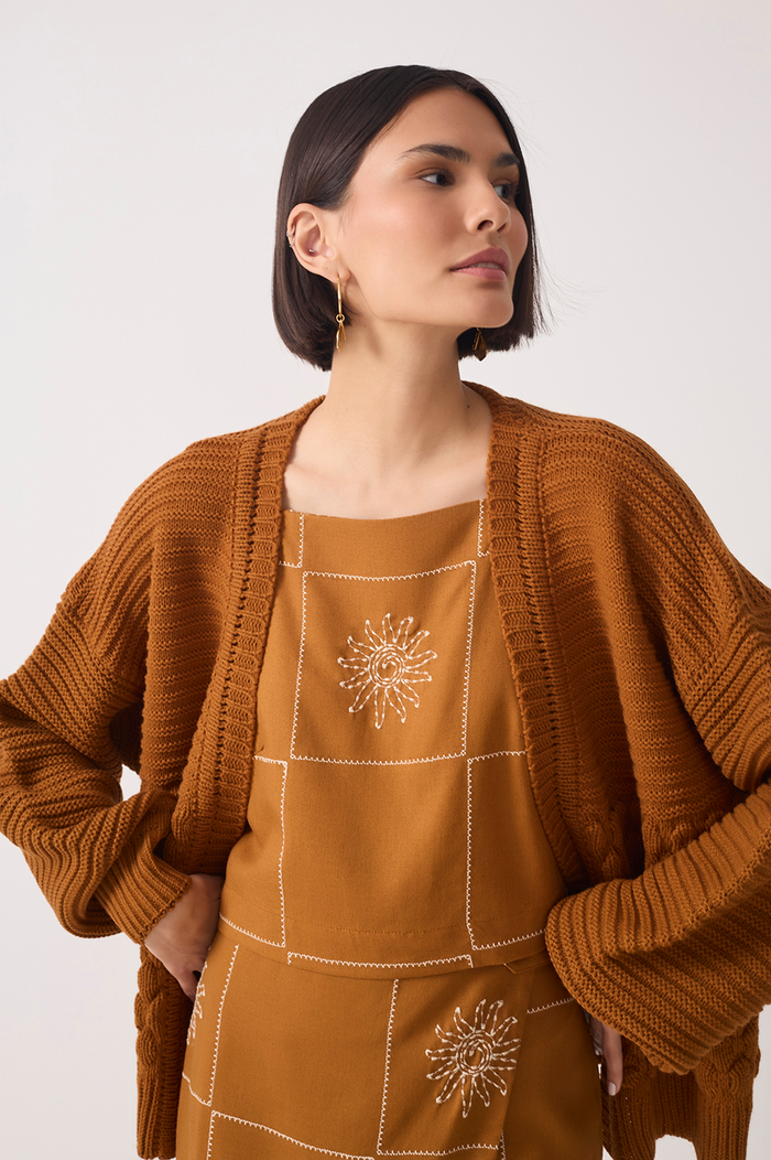 Brown Embroidered Plaid Linen Blouse_2