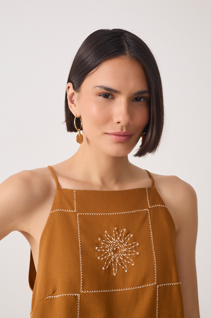 Brown Embroidered Plaid Linen Blouse_4