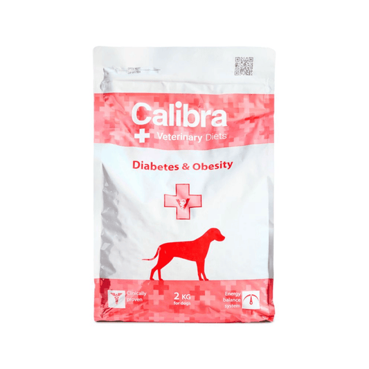 A stand-up pouch of Calibra+ Veterinary Diets Diabetes & Obesity dog food, featuring a white and red design with a dog silhouette on a clean white background.