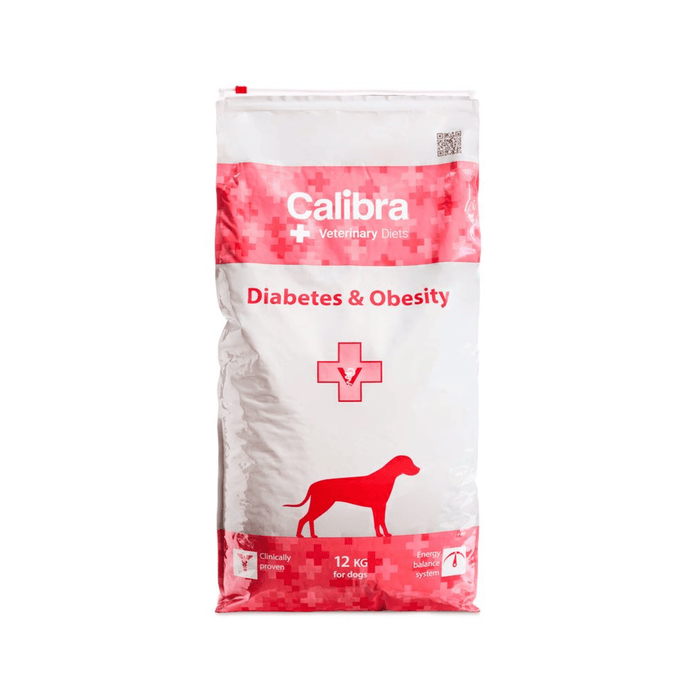 A 12 kg bag of Calibra Veterinary Diet Diabetes & Obesity dog food, featuring a white and pink design with a red dog silhouette.