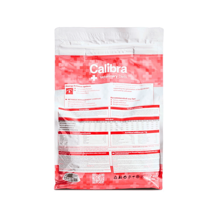 A stand-up pouch of Calibra Veterinary Dits fish food supplement, showing the back panel with red and white text and tables on a white background.