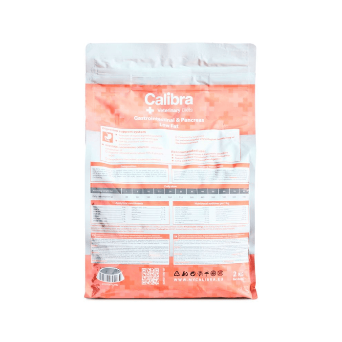 A 2kg stand-up pouch of Calibra Gastrointestinal & Pancreas supplement for cats, featuring a white and orange design with detailed text and a QR code on a plain white background.