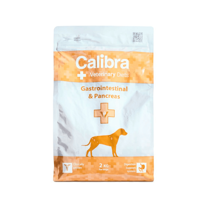 A 2 kg bag of Calibra Veterinary Diets Gastrointestinal & Pancreas dog food, featuring a white and orange design with a dog silhouette on a white background.