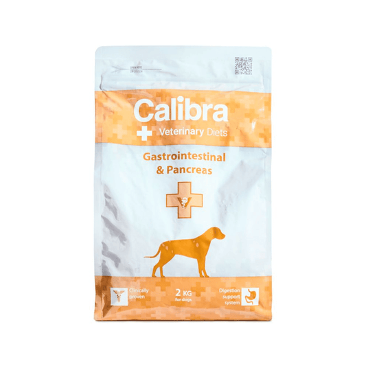 A 2 kg bag of Calibra Veterinary Diets Gastrointestinal & Pancreas dog food, featuring a white and orange design with a dog silhouette on a white background.