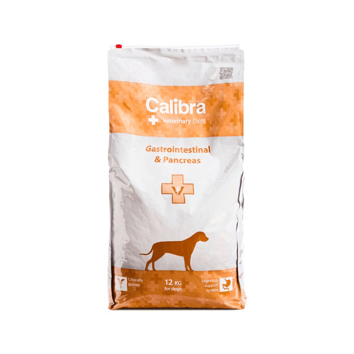 A 12 kg bag of Calibra Veterinary Food Gastrointestinal & Pancreas dog food, featuring a white and orange design with a dog silhouette, on a white background.