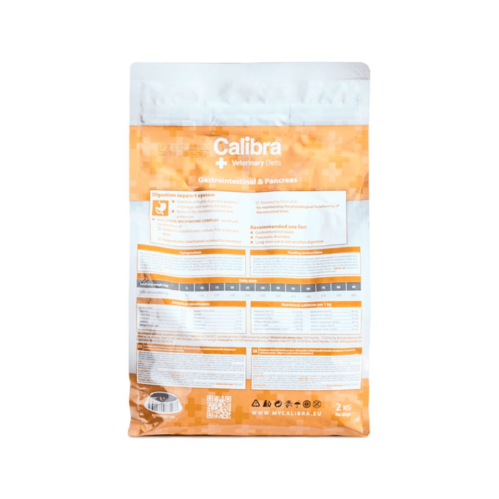 A stand-up pouch of Calibra Veterinary Diet dry cat food, showing the back panel with orange and white graphics, text, and a QR code on a plain white background.