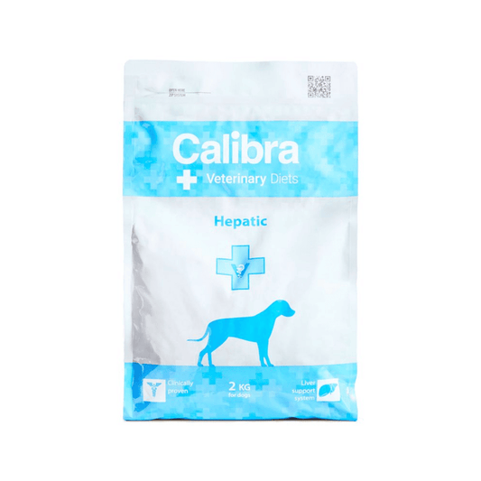 A 2 kg stand-up pouch of Calibra Veterinary Diets Hepatic dog food, featuring a white and light blue design with a dog silhouette.