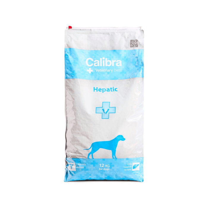 A 12 kg bag of Calibra Veterinary Care Hepatic dog food, featuring a white and light blue design with a dog silhouette on a white background.