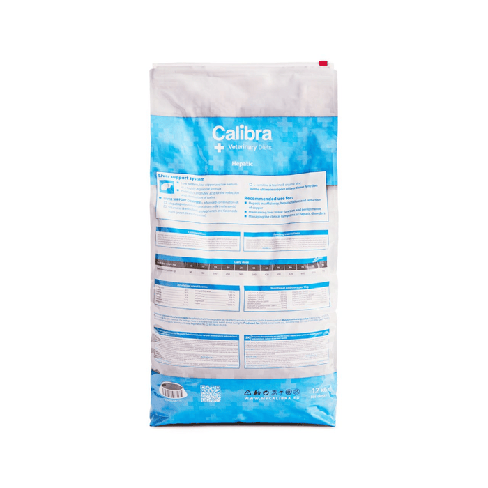 A bag of Calibra Yellow Gold fish food, featuring a white and blue watercolor-style design with detailed feeding instructions printed on the front.