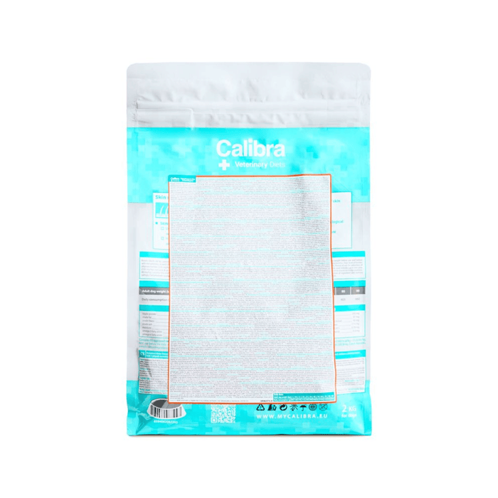 A stand-up pouch package for Calibra + Veterinary Care, featuring a bright turquoise and white design with a large clear window showing white powder inside, set against a plain white background.