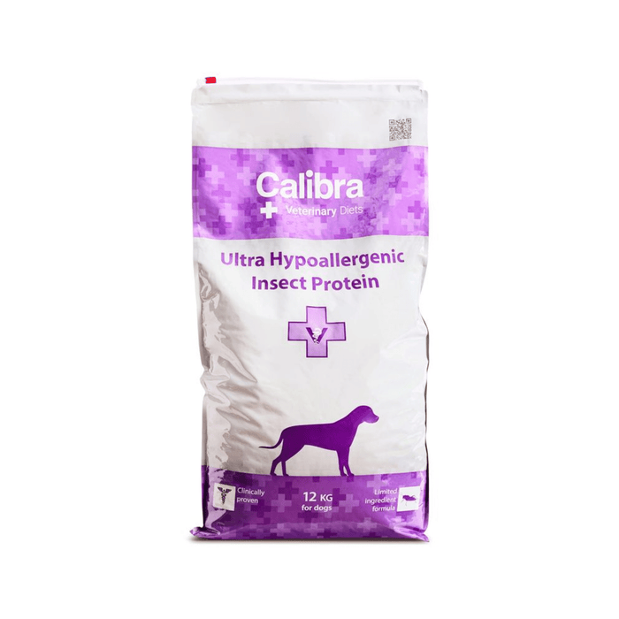 A 12 kg bag of Calibra Veterinary Care Ultra Hypoallergenic Insect Protein dog food, featuring a white and purple design with a dog silhouette.