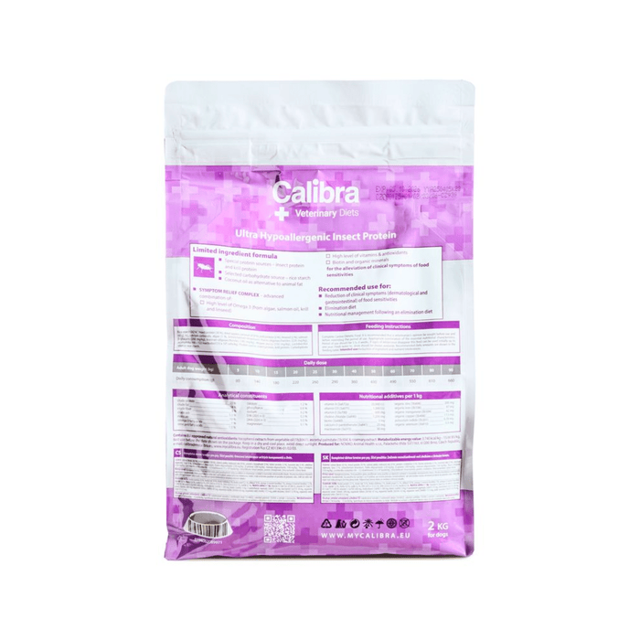 A 2 kg stand-up pouch of Calibra Veterinary Diet Ultra High Bioavailability Insect Protein dog food, shown against a plain white background.
