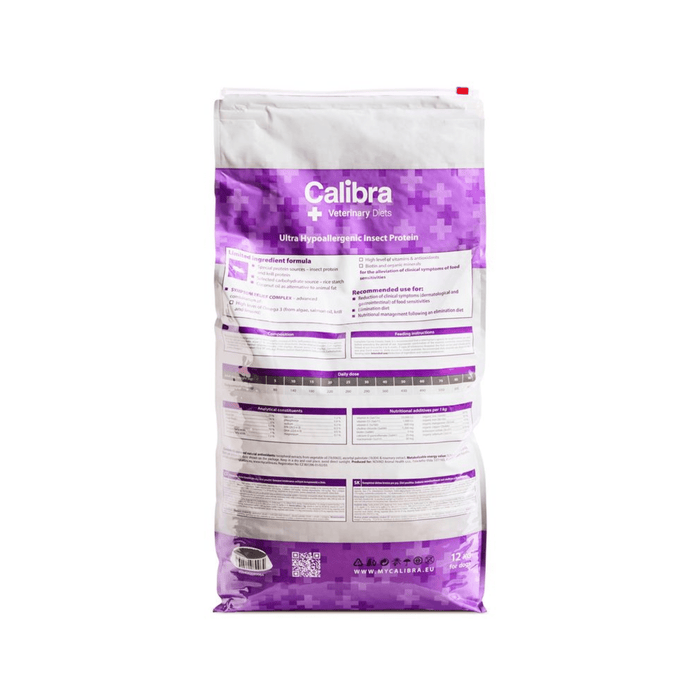 A bag of Calibra + Veterinary Care cat food, featuring a white and purple design with detailed product information printed on the front.