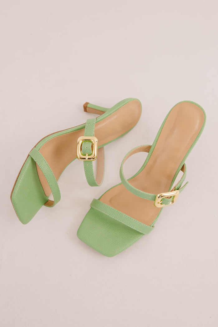 Lime Green Strappy Heeled Sandals with Gold Buckle- Lime Green Kitten Heels