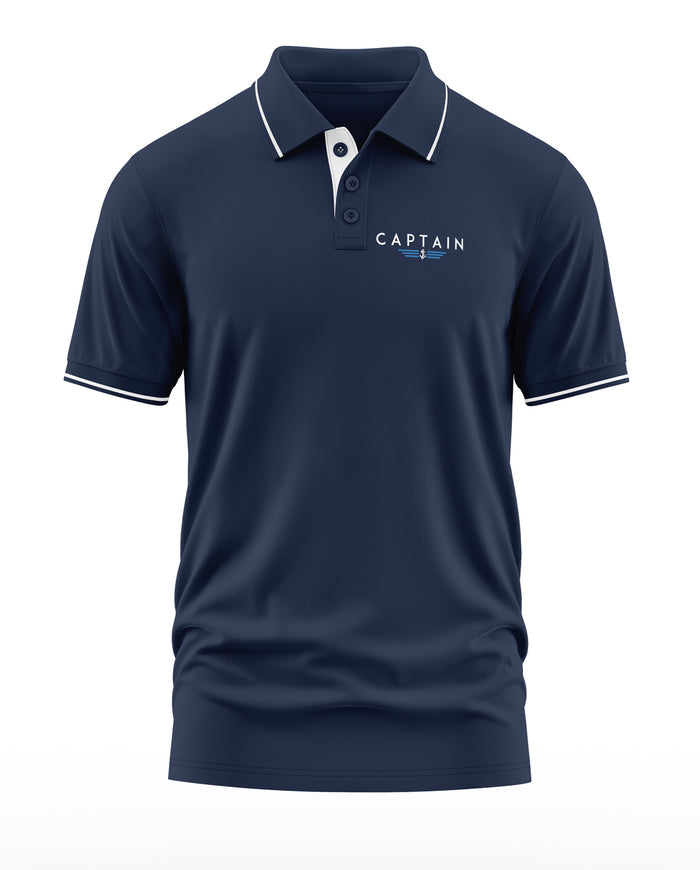 Navy blue men's polo t-shirt with white 'Captain' text, short sleeves, and white trim details