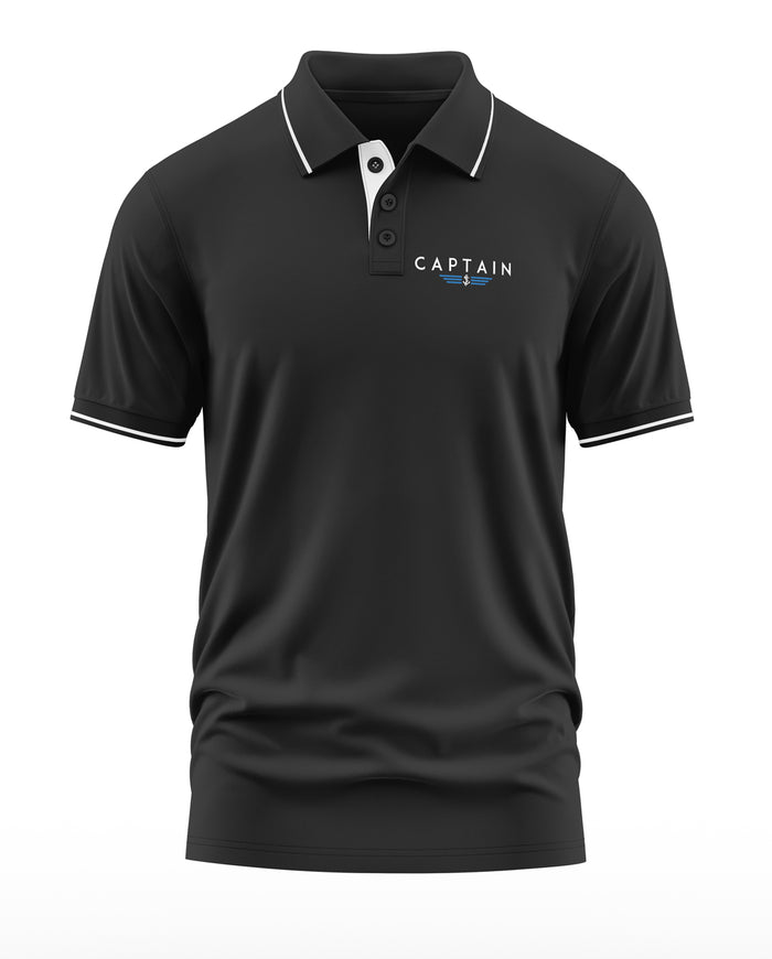 Black men's polo t-shirt with white trim and 'CAPTAIN' text on chest, front view