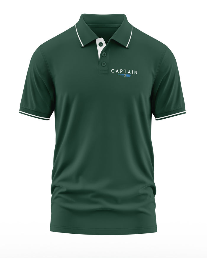 Dark green men's polo t-shirt with white piping and 'Captain' chest logo