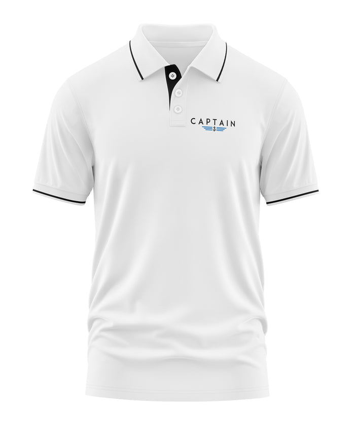White men's polo t-shirt with black trim and 'Captain' logo on chest