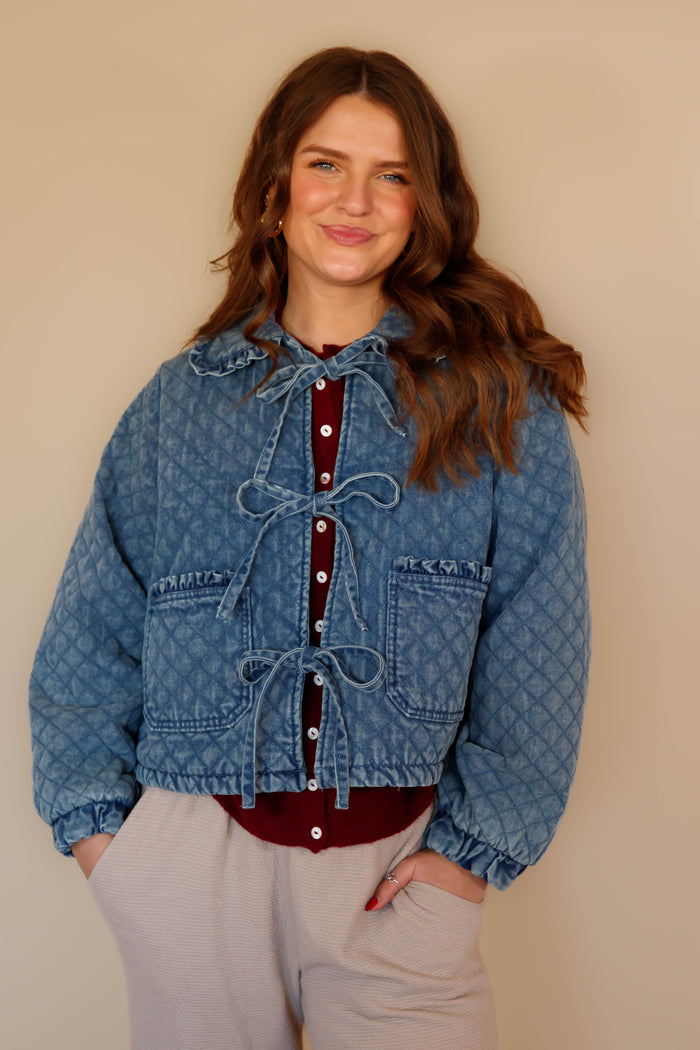 Quilted Denim Ruffle Jacket- Women's Front Tie Denim Jacket- Women's Quilted Jackets