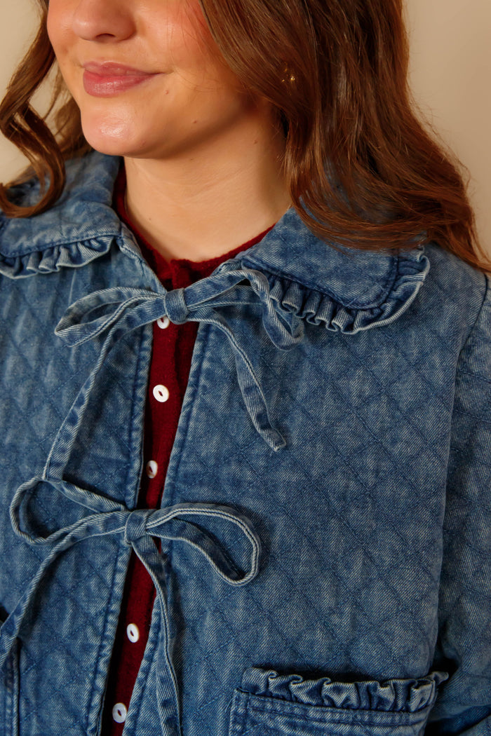 Quilted Denim Ruffle Jacket- Women's Front Tie Denim Jacket- Women's Quilted Jackets