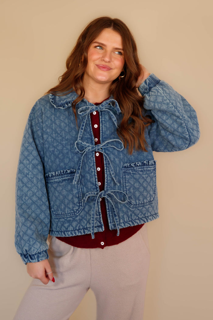 Quilted Denim Ruffle Jacket- Women's Front Tie Denim Jacket- Women's Quilted Jackets