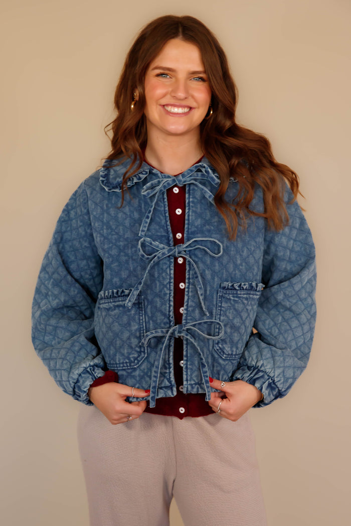 Quilted Denim Ruffle Jacket- Women's Front Tie Denim Jacket- Women's Quilted Jackets