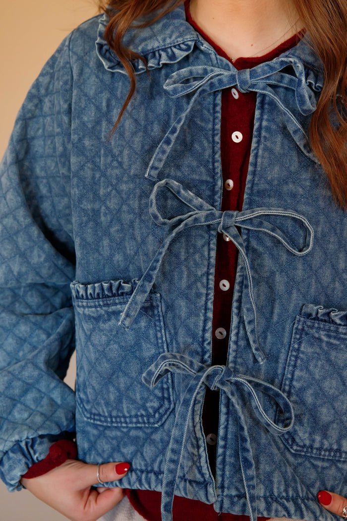 Quilted Denim Ruffle Jacket- Women's Front Tie Denim Jacket- Women's Quilted Jackets