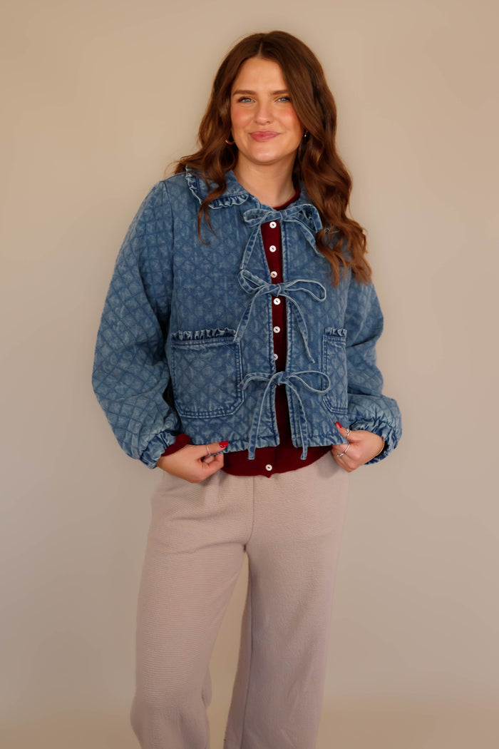 Quilted Denim Ruffle Jacket- Women's Front Tie Denim Jacket- Women's Quilted Jackets
