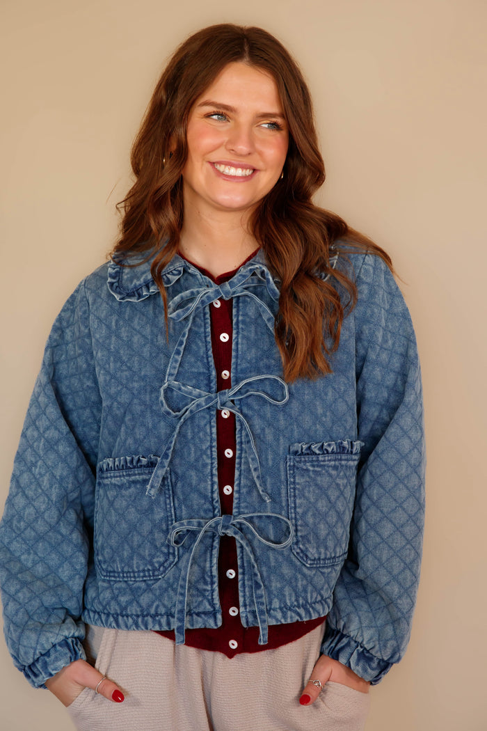 Quilted Denim Ruffle Jacket- Women's Front Tie Denim Jacket- Women's Quilted Jackets
