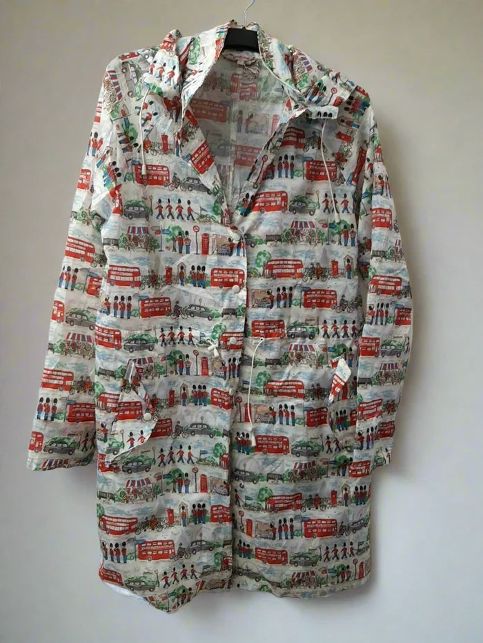 Cath Kidston London Rain Jacket Women's L Hooded Travel Coat Bus Print in Bag