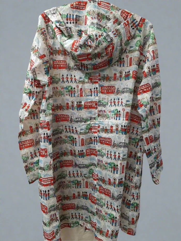 Cath Kidston London Rain Jacket Women's L Hooded Travel Coat Bus Print in Bag