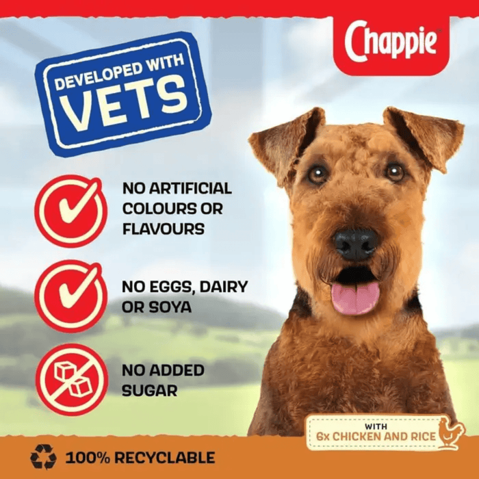 Dog food packaging with a dog's face, Chappie brand logo, and health claims on a red and white background.