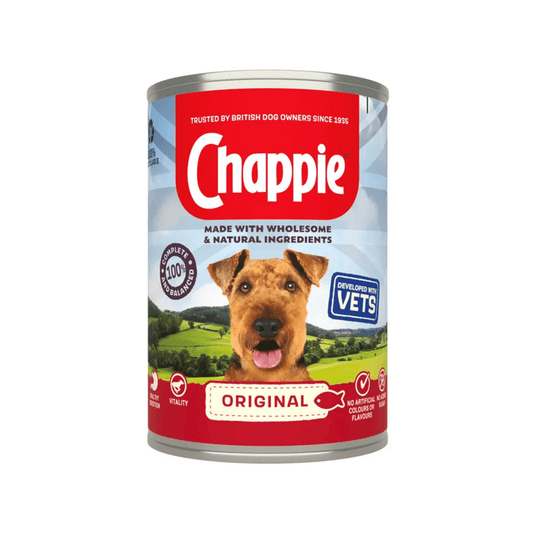 A can of Chappie Original dog food on a plain white background. The label features the red and white Chappie brand logo, a picture of an Airedale terrier, and a green countryside landscape.