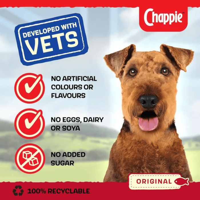 Dog food packaging with a dog's face, Chappie brand logo, and health claims on a red and white background.