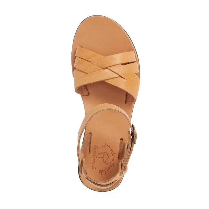 Chloe tan, handmade leather sandals with back strap  - Side View