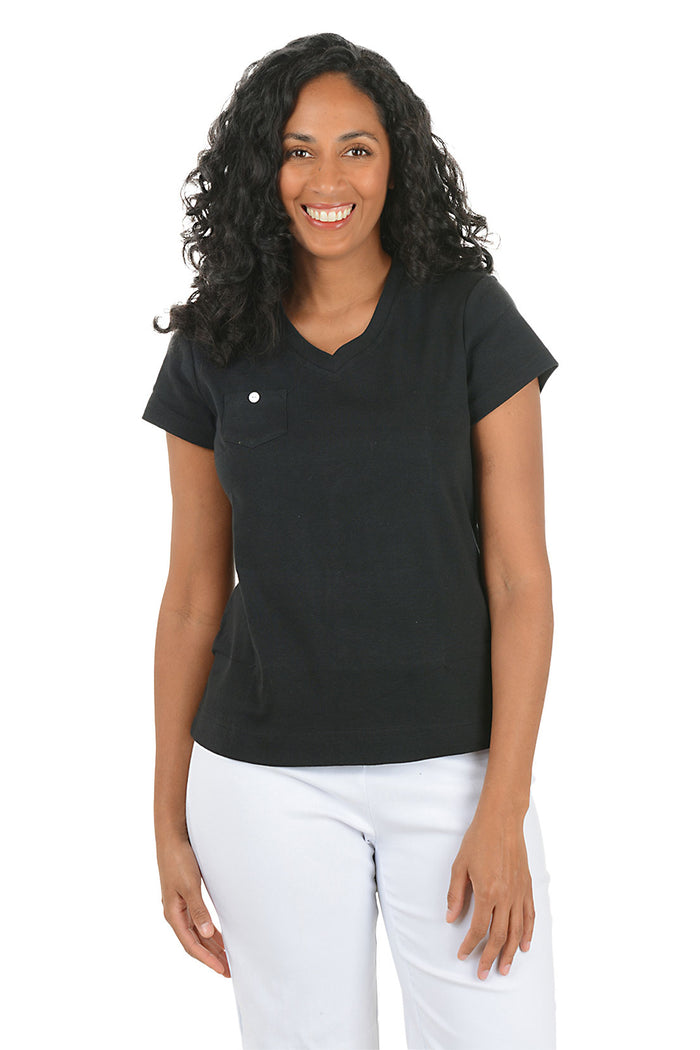 Woman wearing a black short sleeve v-neck top with a pocket on a white background.