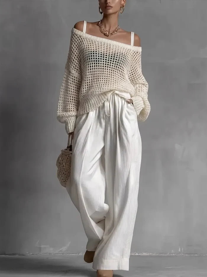 Cleora - Ensemble femme deux pièces avec pull ajouré et pantalon large