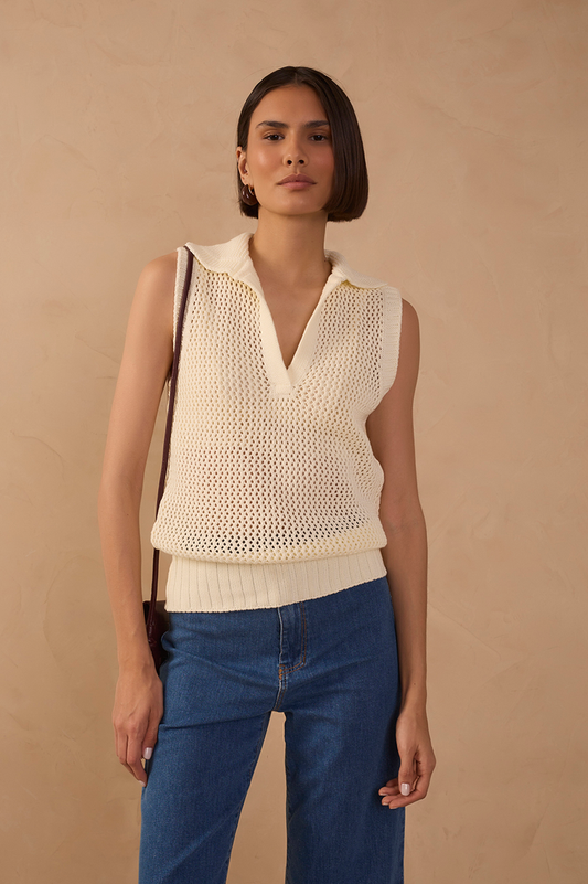 Collared V Neck Sleeveless Tricot Blouse_1