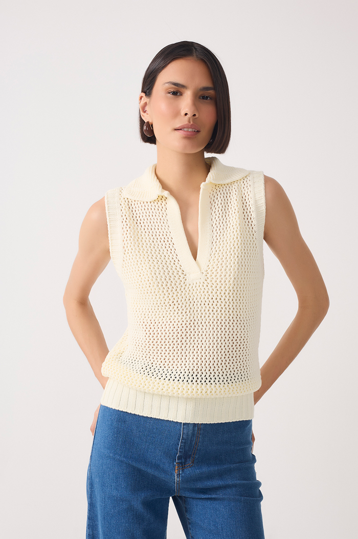 Collared V Neck Sleeveless Tricot Blouse_3