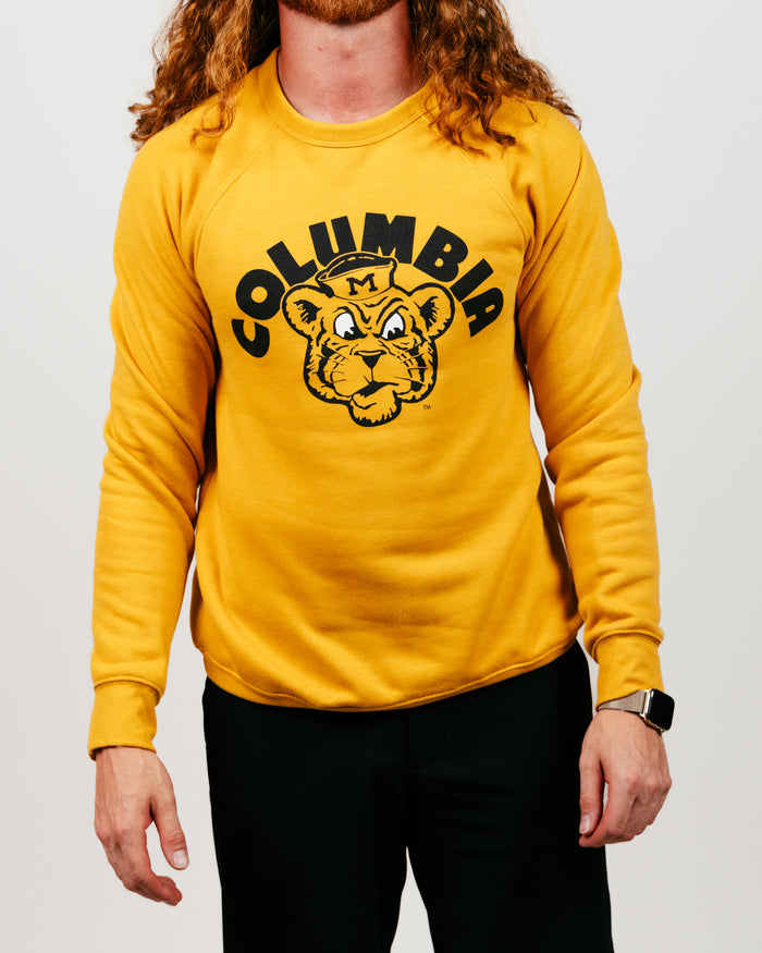 Gold Columbia Missouri Tigers Arch Mascot Vintage Crewneck Sweatshirt Front