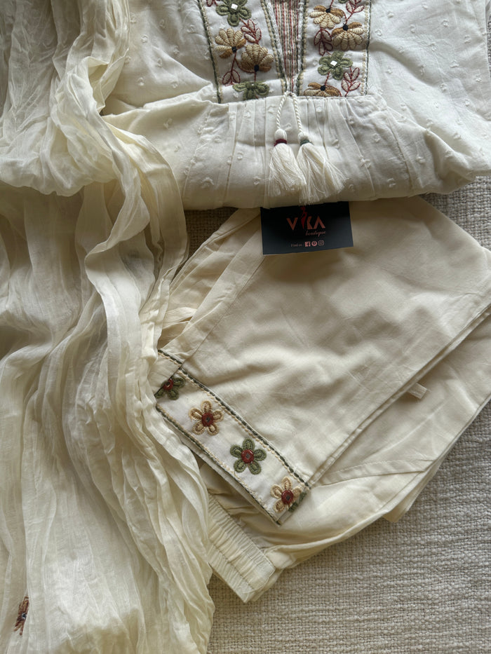 Cream collar neck pure cotton kurta set